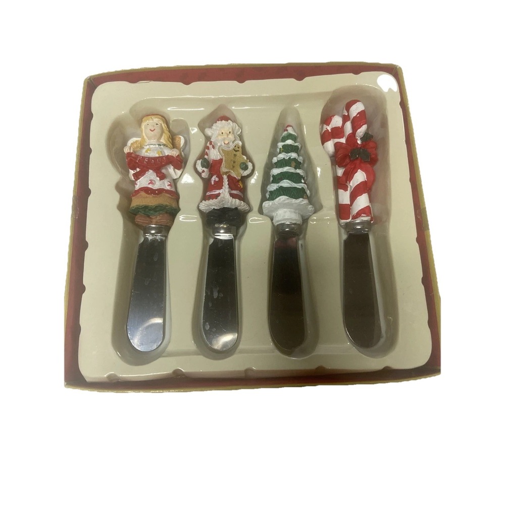 Xmas‎ Holiday Ceramic Santa Angel Tree Candy Cane Cheese Butter Spreaders S/4